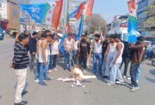 यूथ कांग्रेस के अध्यक्ष की गिरफ्तारी के विरोध में एनएसयूआई ने किया शर्टलेस प्रदर्शन