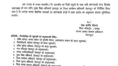 देहरादून में रेड अलर्ट: भारी बारिश के चलते 10 जुलाई को कक्षा 1 से 12 तक के सभी स्कूल और आंगनबाड़ी केंद्र बंद
