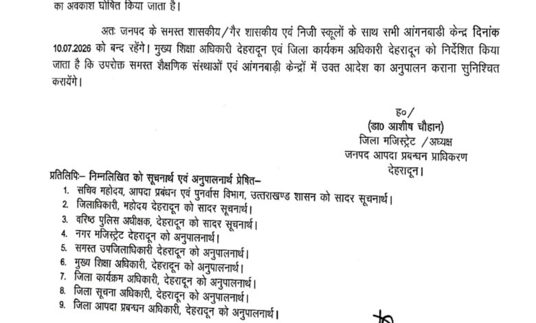 देहरादून में रेड अलर्ट: भारी बारिश के चलते 10 जुलाई को कक्षा 1 से 12 तक के सभी स्कूल और आंगनबाड़ी केंद्र बंद देहरादून में रेड अलर्ट: भारी बारिश के चलते 10 जुलाई को कक्षा 1 से 12 तक के सभी स्कूल और आंगनबाड़ी केंद्र बंद